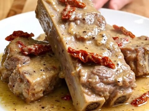 A close-up of tender, creamy pork ribs served on a white plate with sun-dried tomatoes and parmesan sauce.