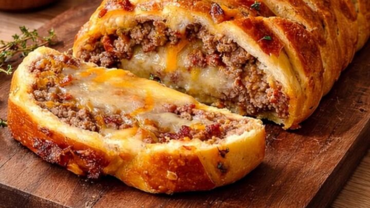 A golden, braided loaf of garbage bread sitting on a wooden board with a slice pulled out showing gooey cheese.