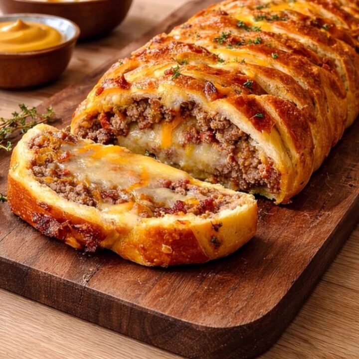 A golden, braided loaf of garbage bread sitting on a wooden board with a slice pulled out showing gooey cheese.