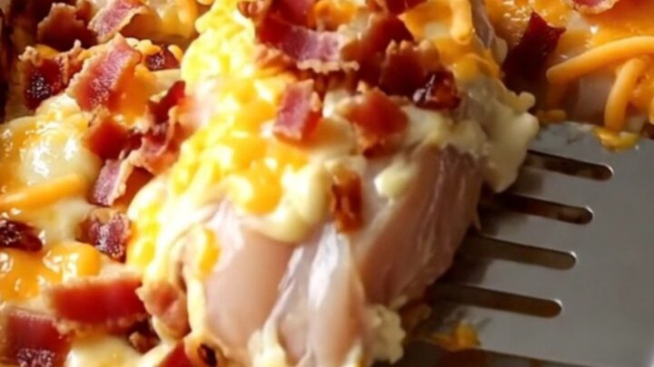A golden, bubbling Creamy Bacon Cheddar Chicken Bake in a white ceramic dish on a rustic wood countertop.