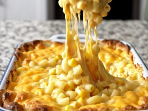 A top-down view of a creamy corn and macaroni casserole in a white baker with bubbling cheese.