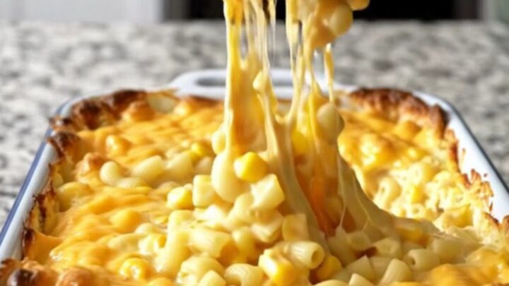 A top-down view of a creamy corn and macaroni casserole in a white baker with bubbling cheese.