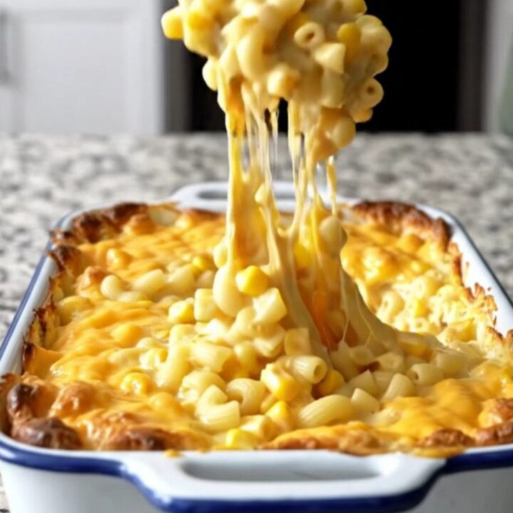 A top-down view of a creamy corn and macaroni casserole in a white baker with bubbling cheese.