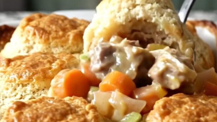 A golden, bubbling turkey and biscuit bake in a rectangular white ceramic dish on a speckled countertop.