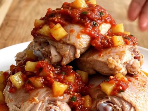 A white oval plate featuring tender chicken thighs topped with chunky pineapple and red salsa.
