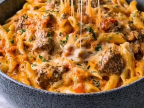 A close-up of a fork lifting creamy penne pasta with a dramatic mozzarella cheese pull in a dark bowl.