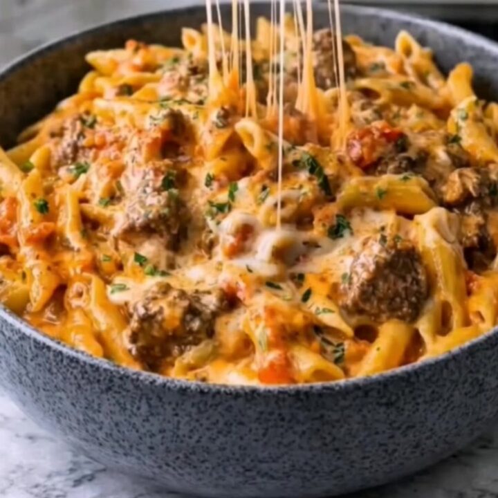 A close-up of a fork lifting creamy penne pasta with a dramatic mozzarella cheese pull in a dark bowl.