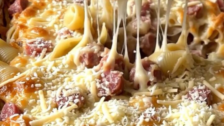 A golden, bubbling pasta bake in a white ceramic dish filled with shells, sausage, and broccoli.