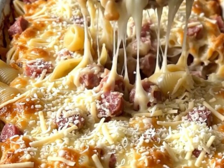 A golden, bubbling pasta bake in a white ceramic dish filled with shells, sausage, and broccoli.