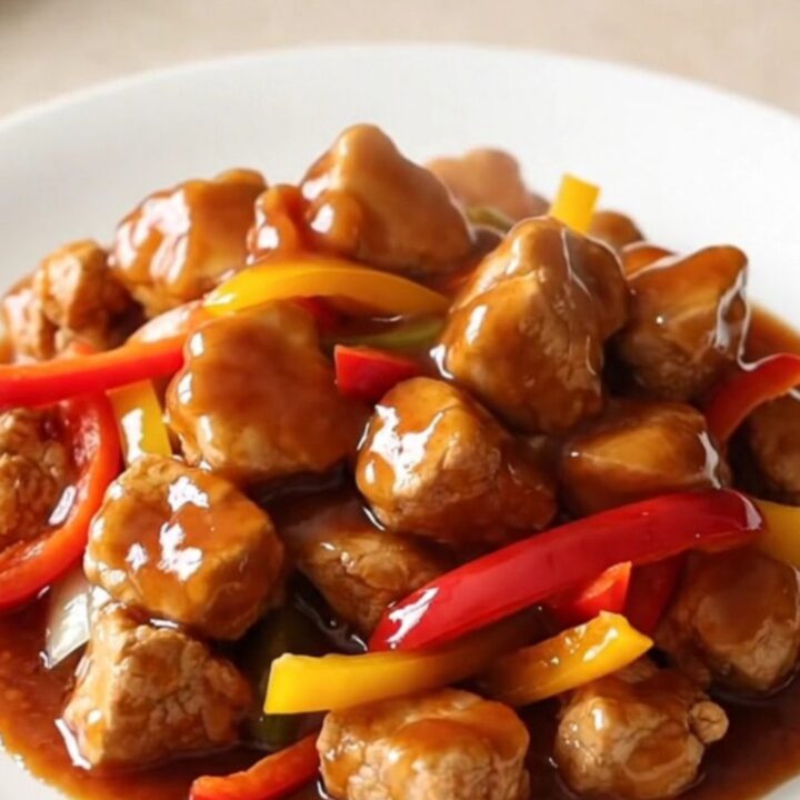 A close-up of tender Beijing chicken pieces coated in a glossy red sauce with bell peppers on a white plate.
