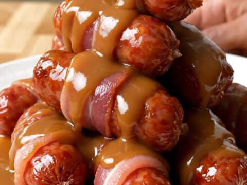 A slow cooker filled with bacon-wrapped mini sausages coated in a glossy brown sugar glaze.