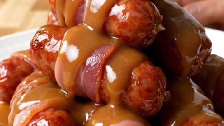 A slow cooker filled with bacon-wrapped mini sausages coated in a glossy brown sugar glaze.