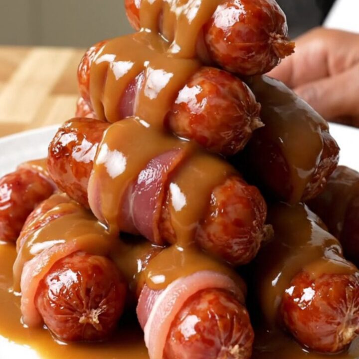 A slow cooker filled with bacon-wrapped mini sausages coated in a glossy brown sugar glaze.