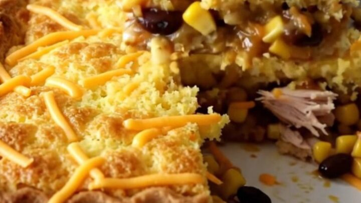 A golden-brown baked tamale pie in a white rectangular dish, showing a cornbread crust and savory turkey filling.