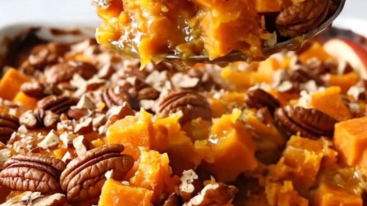 A large rectangular white baking dish filled with cubes of sweet potato and sliced red apples, topped with pecans.