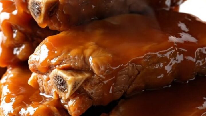 A close-up of tender, glazed country-style pork ribs with pineapple chunks on a white plate.