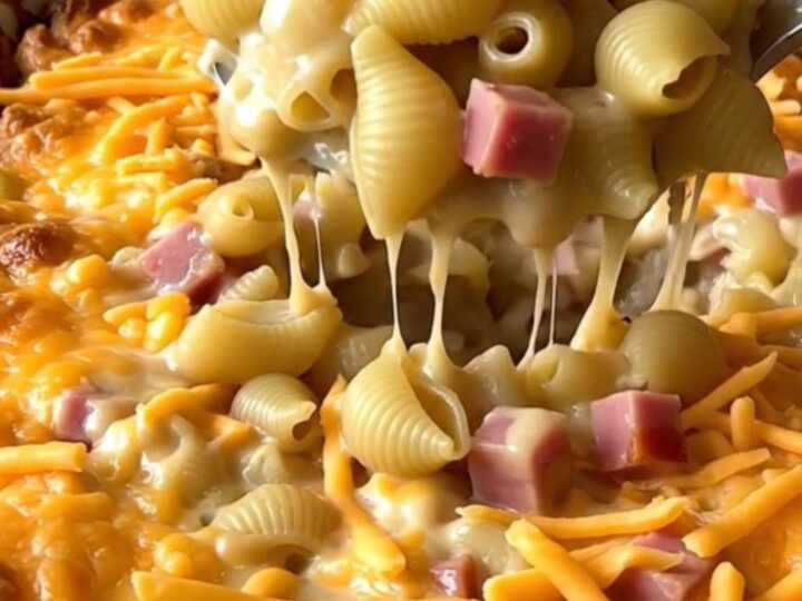 A top-down view of a rectangular baking dish filled with raw pasta shells, ham cubes, and liquid