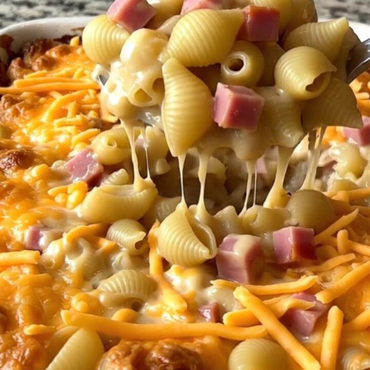 A top-down view of a rectangular baking dish filled with raw pasta shells, ham cubes, and liquid