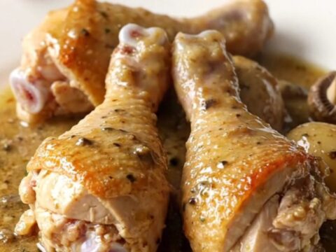A top-down view of chicken drumsticks, mushrooms, and potatoes inside a slow cooker before cooking.