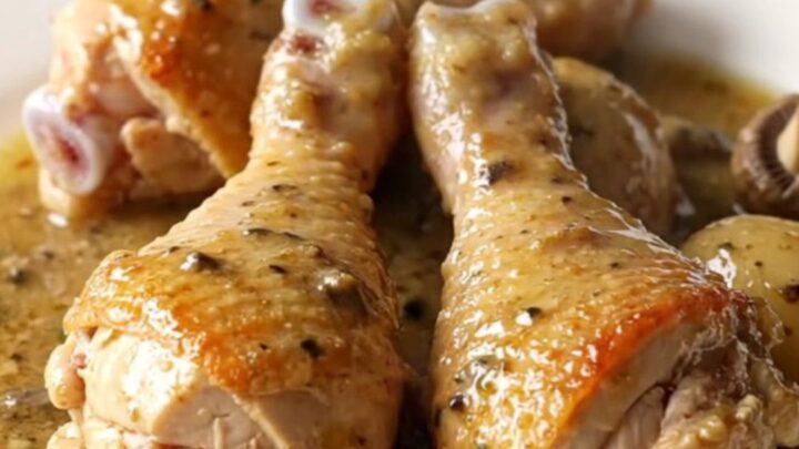 A top-down view of chicken drumsticks, mushrooms, and potatoes inside a slow cooker before cooking.