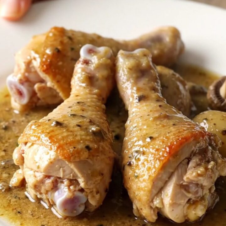 A top-down view of chicken drumsticks, mushrooms, and potatoes inside a slow cooker before cooking.