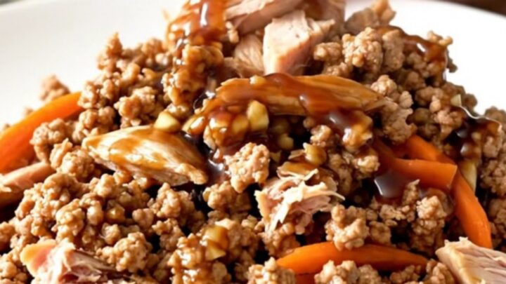 A close-up of tender Mongolian ground turkey with shredded carrots in a slow cooker, showing a rich, dark, and glossy sauce.