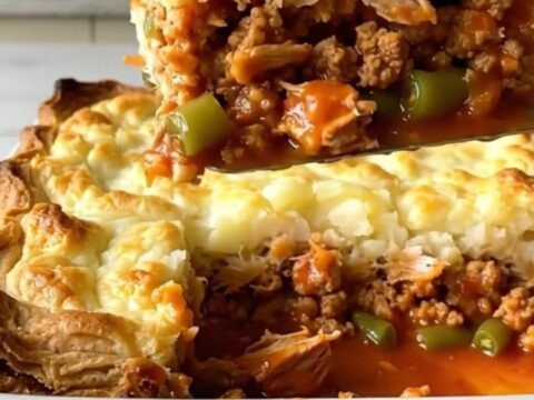 A golden-brown baked hamburger pie in a white ceramic dish featuring fluffy potato peaks.