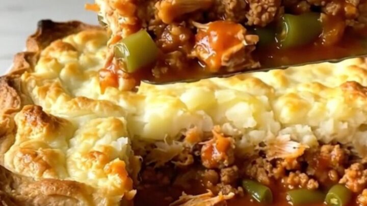 A golden-brown baked hamburger pie in a white ceramic dish featuring fluffy potato peaks.