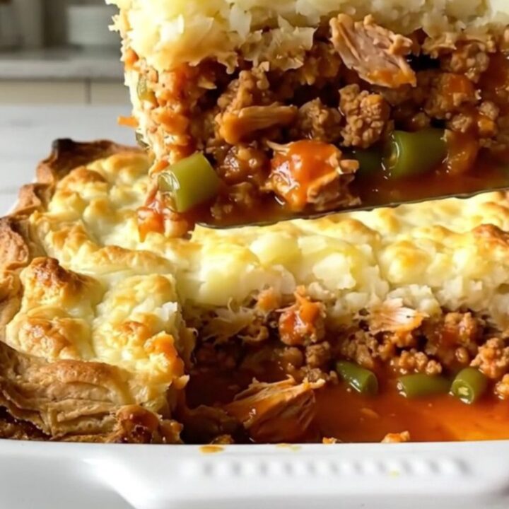 A golden-brown baked hamburger pie in a white ceramic dish featuring fluffy potato peaks.