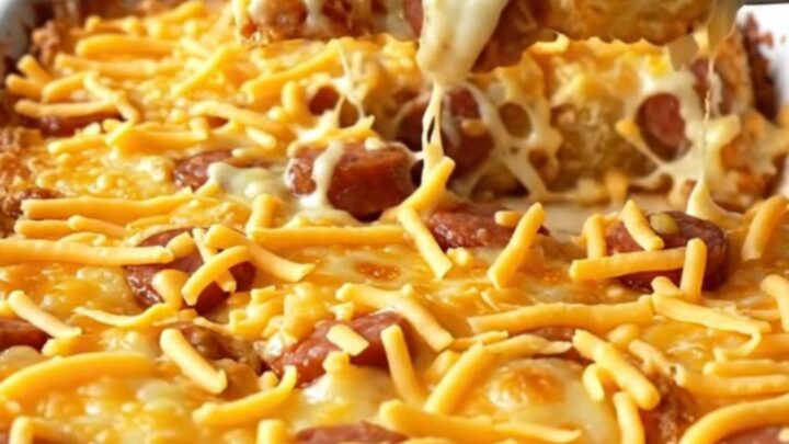 A golden-brown jalapeno popper smoked sausage tot casserole in a white ceramic dish.