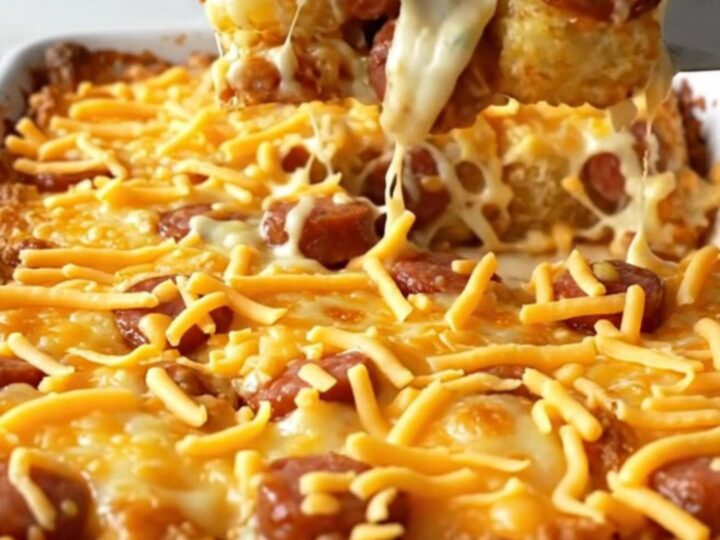 A golden-brown jalapeno popper smoked sausage tot casserole in a white ceramic dish.