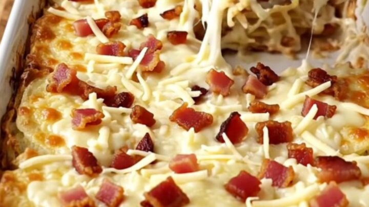 A golden, bubbling dish of scalloped potatoes with visible bacon bits and melted mozzarella cheese.