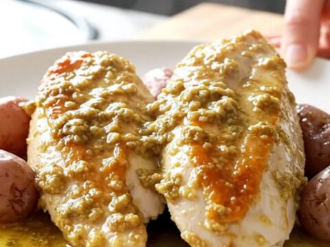 A white oval slow cooker filled with tender chicken breasts and baby red potatoes in a light herb butter sauce.