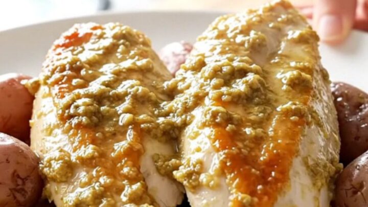 A white oval slow cooker filled with tender chicken breasts and baby red potatoes in a light herb butter sauce.
