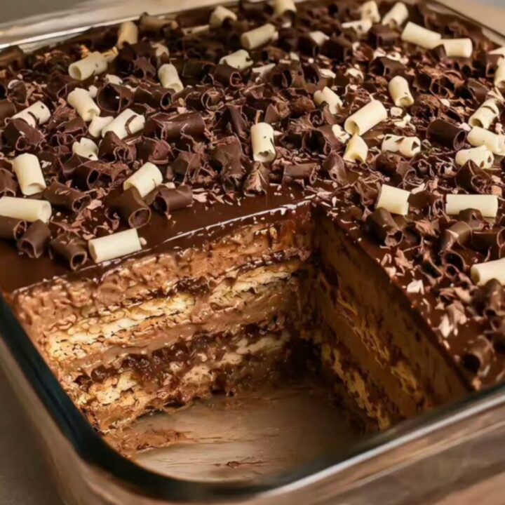 A tall slice of layered chocolate pavê showing distinct biscuit and creamy custard layers.