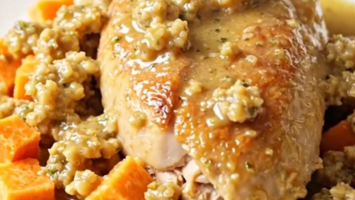 A close-up of a tender chicken breast served with roasted sweet potato cubes and savory herb stuffing on a white plate.