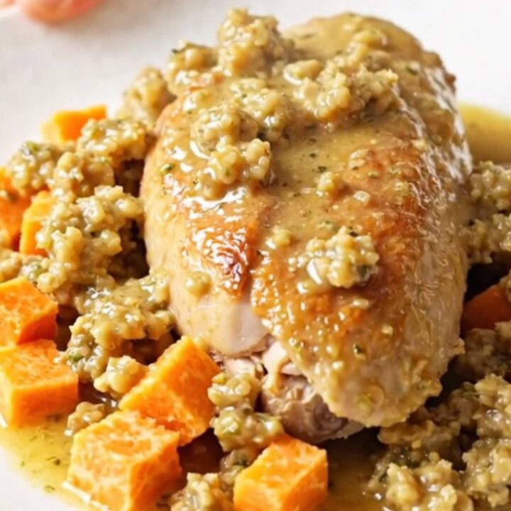 A close-up of a tender chicken breast served with roasted sweet potato cubes and savory herb stuffing on a white plate.