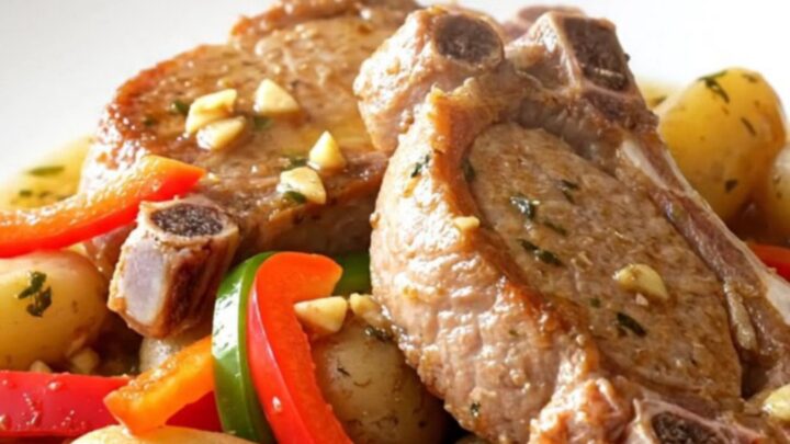 A close-up of tender braised pork chops served on a white plate with colorful bell peppers and baby potatoes.