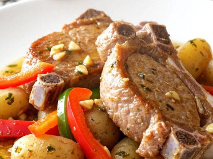 A close-up of tender braised pork chops served on a white plate with colorful bell peppers and baby potatoes.
