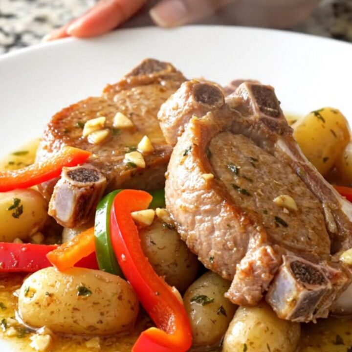 A close-up of tender braised pork chops served on a white plate with colorful bell peppers and baby potatoes.