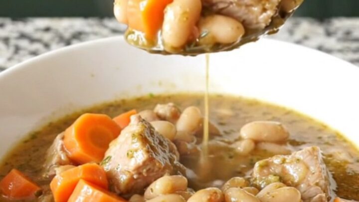 A bowl of hearty pork and white bean stew with visible carrot slices and herbs.