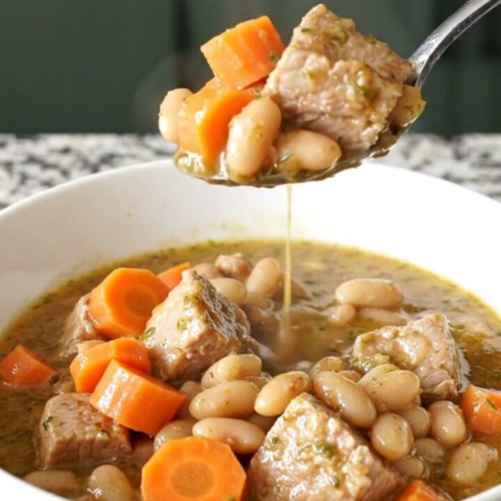 A bowl of hearty pork and white bean stew with visible carrot slices and herbs.
