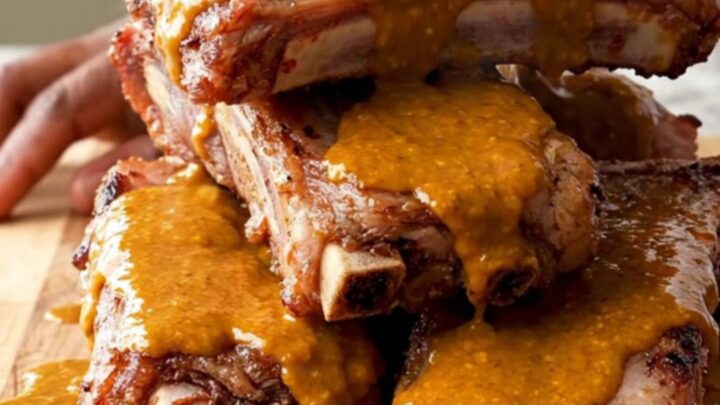 A close-up of tender, slow-cooked buffalo baby back ribs on a wooden serving board.