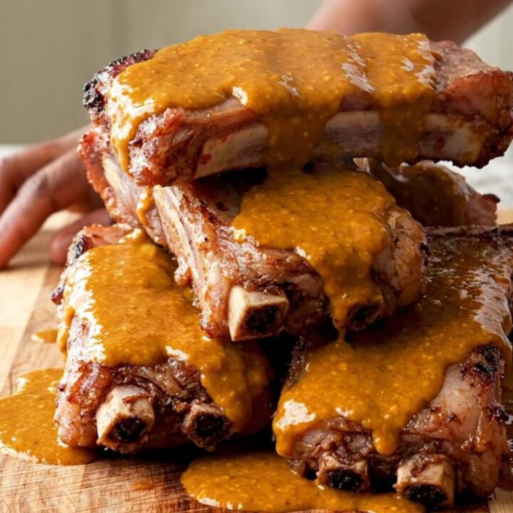 A close-up of tender, slow-cooked buffalo baby back ribs on a wooden serving board.