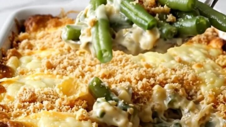 A vintage-style Swiss green bean casserole in a ceramic dish, topped with golden cornflakes and melted Swiss cheese.