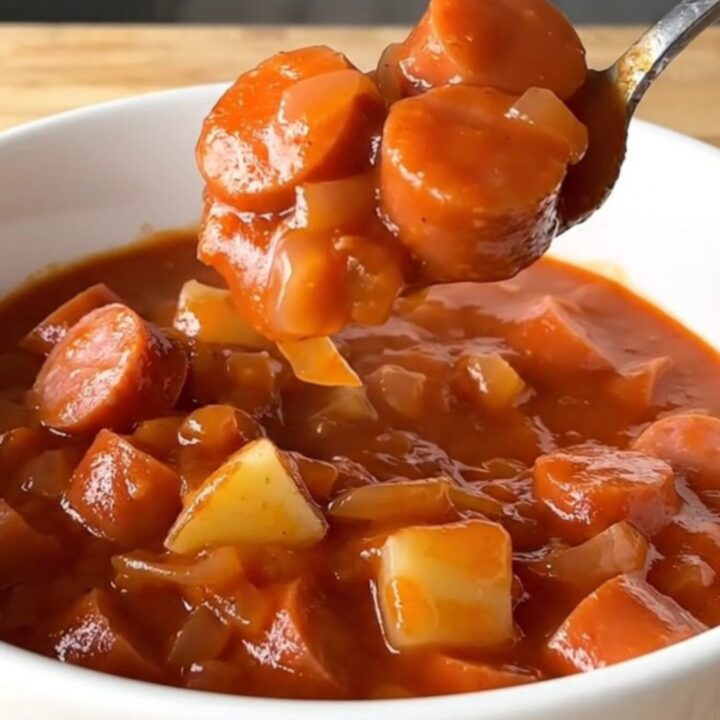 A white shallow bowl filled with a hearty stew of sliced hot dogs and tender potato cubes in a rich, thick red tomato sauce.