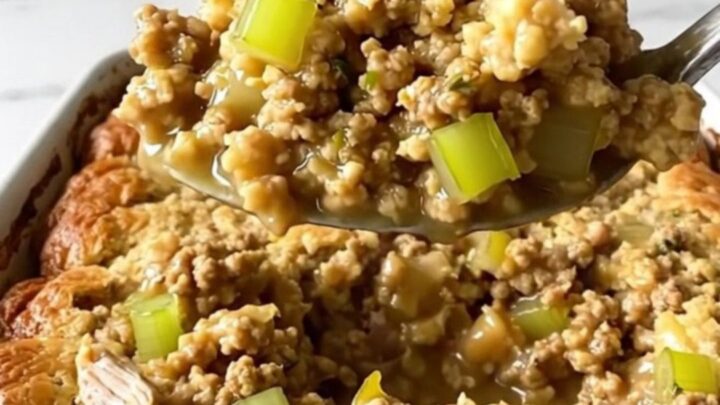 A top-down view of a rectangular ceramic dish filled with ground turkey, gravy, and herb stuffing before baking.