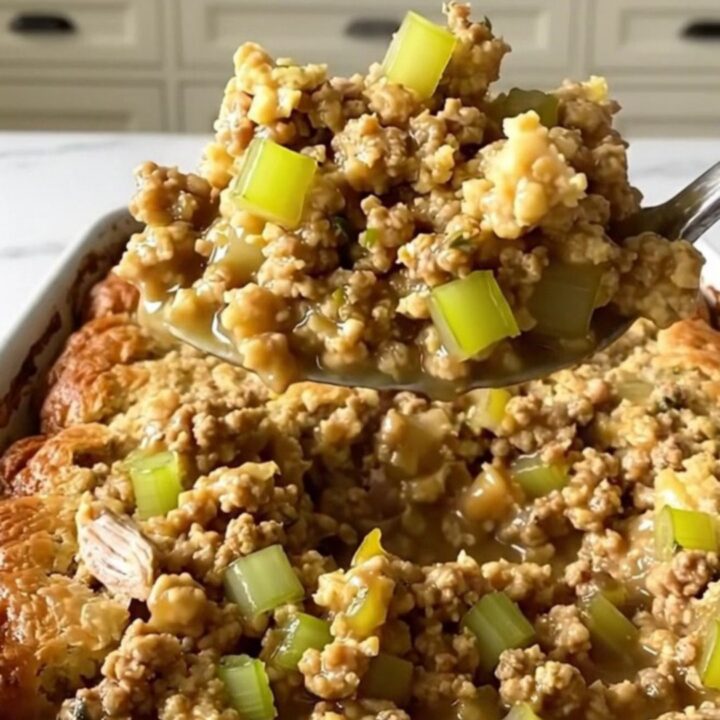 A top-down view of a rectangular ceramic dish filled with ground turkey, gravy, and herb stuffing before baking.