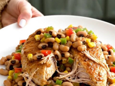 A close-up of slow-cooked chicken breasts topped with a colorful mixture of black-eyed peas, corn, and diced peppers.