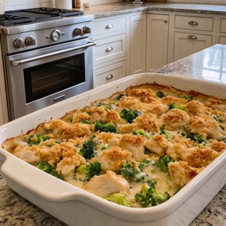 A steaming, creamy scoop of Chicken Divan in a white ceramic dish featuring tender broccoli and chicken.